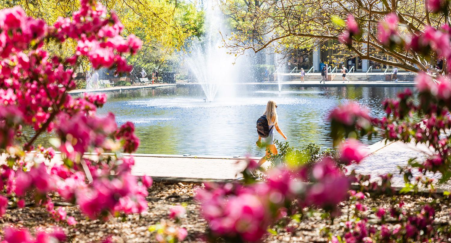 一名学生走在喷泉前，喷泉在反射池中流淌，前景是鲜艳多彩的花朵. 